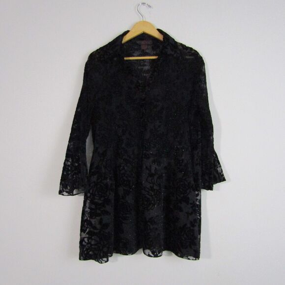 Women's Top L Black Burnout Velvet Roses Witchy Pleated Gothic Whimsygoth Sheer - Picture 1 of 14